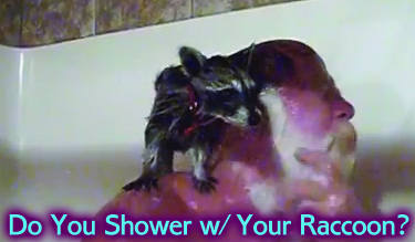 man in shower with raccoon